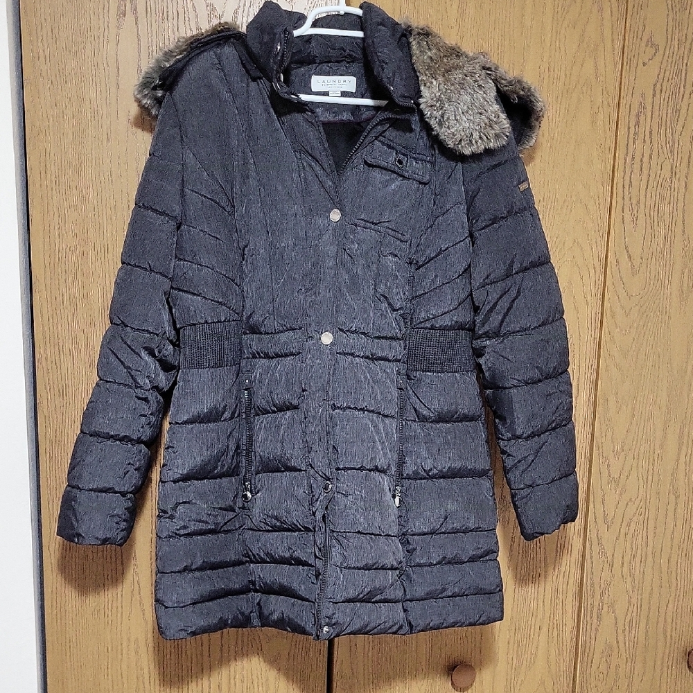 LAUNDRY By Shelli Segal Dark Grey Winter Puffer Coat Jacket Faux Fur Hood XL